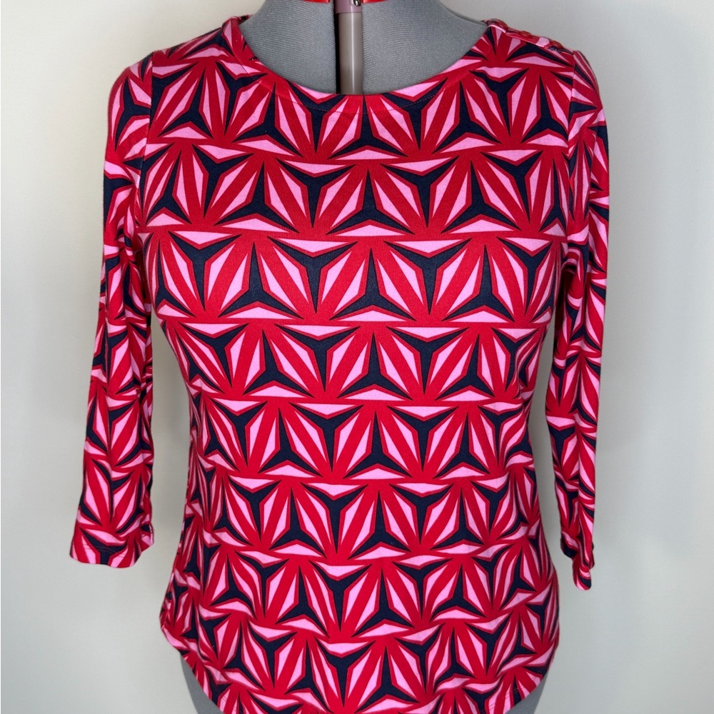 Charter Club Shirt Womens Large Red Geometric 3/4 Sleeve Supima Cotton Top